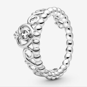 Pandora Silver Beaded Ring w/ Floral Cz Stone